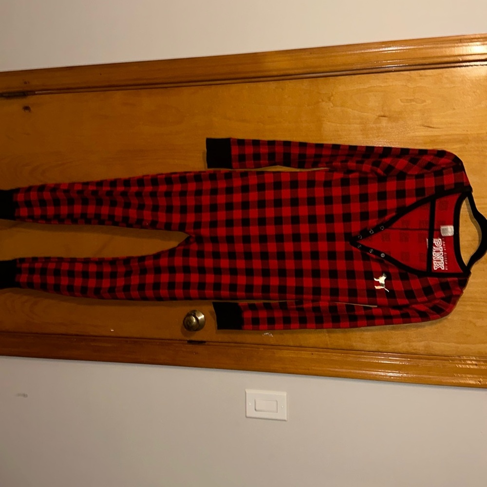 PINK VS Red Black Buffalo Plaid One Piece Pajamas Pjs Union Suit Thermal Knit M